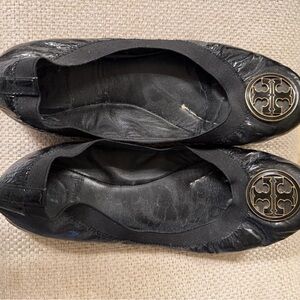 Tory Burch Black Leather Flats with Gold Emblem